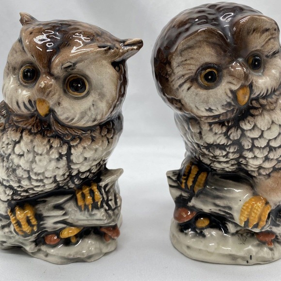 VTG 70s 80s Ceramic Owls Pair on Log w Mushrooms Figurines Hand Painted 6.5" MCM - Picture 1 of 12